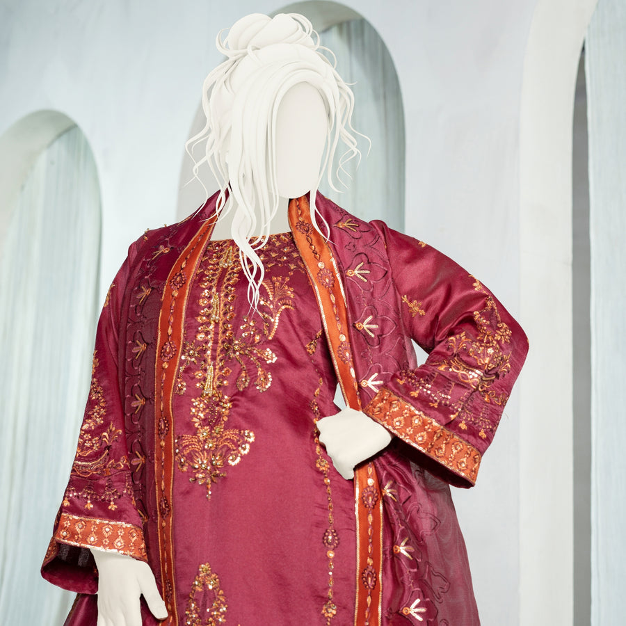 Marjaan Maroon - 3pc Ready to wear