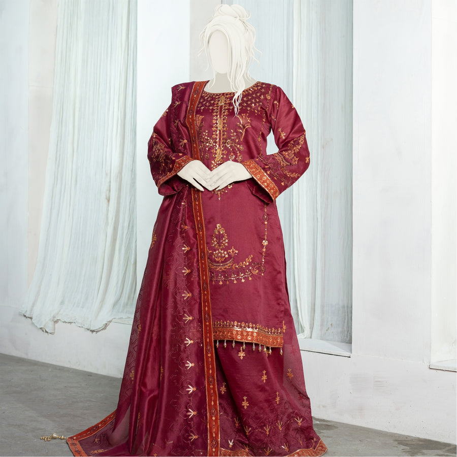 Marjaan Maroon - 3pc Ready to wear