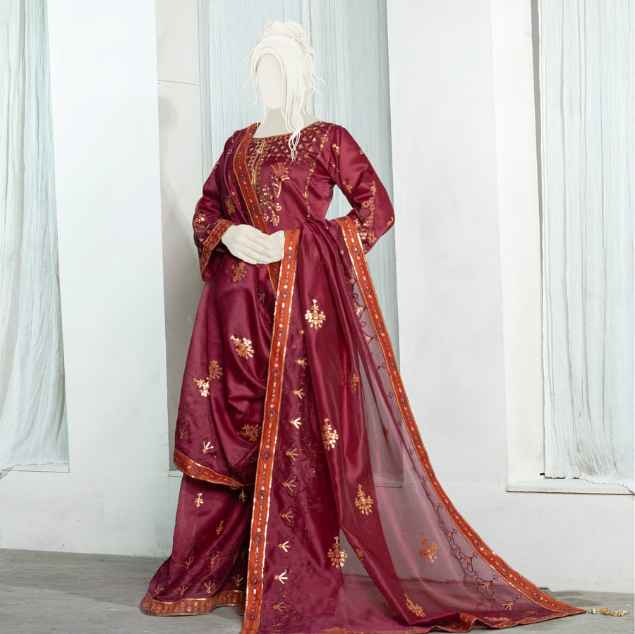 Marjaan Maroon - 3pc Ready to wear